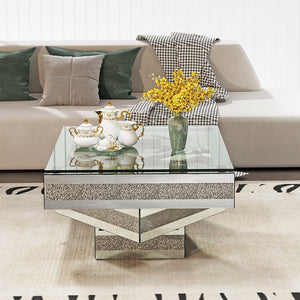 English Elm Modern Glam Square Coffee Table with Mirrored Tiers and Faux Crystal Diamond Inlay W3836P370271