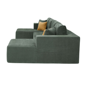 English Elm Full Corduroy Upholstered Double Chaise Sectional Lounge Ready No Tools Needed Dark Green B2748S00052