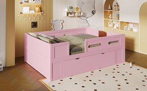 English Elm Wood Twin Platform Bed for Kids with Fence Guardrail and Under Storage Drawer Pink N709P385777H