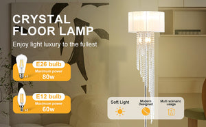 English Elm 65.75"H Sheer White Drum Shade Floor Lamp with Cascade Crystal Raindrops, Chrome Metal Elegance for Living Room Silver+White B072P220160