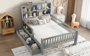 English Elm Full Solid Wood Platform Bed with Chalkboard Headboard, Storage Drawers & Shelves, Kid-Friendly White Gray W1580P362710