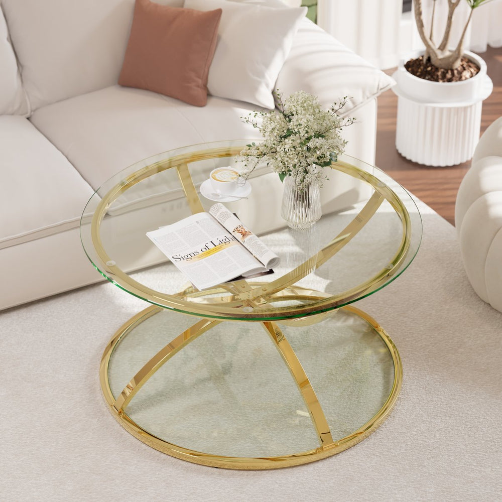 English Elm 31.50'' Round Chrome Ring Glass Coffee Table Two Tier Smoked Tempered Top Modern Living Room W757P412805