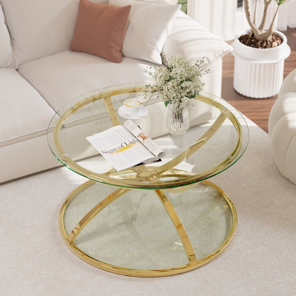 English Elm 31.50'' Round Chrome Ring Glass Coffee Table Two Tier Smoked Tempered Top Modern Living Room W757P412805
