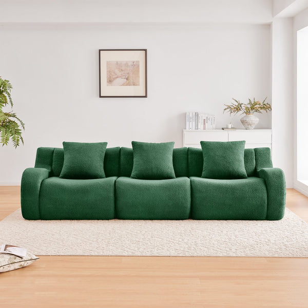 English Elm Boneless Sofa: Luxurious 3-Seat Teddy Fabric, Non-Slip Design, No Assembly, Curved Armrests, Green Comfort W714S01439