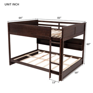 English Elm Queen Over Queen Floor Bunk Bed with Built-In Storage Shelves, USB Charging Station, Solid Pine Frame, Safety Rails and LadderDesigned for Space Saving and Modern Bedrooms Brown W504S00239