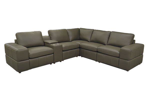 English Elm Premium Leather Match Sectional with Dual Recliners Cup Holders and Storage Console Olive Green B2748S00144