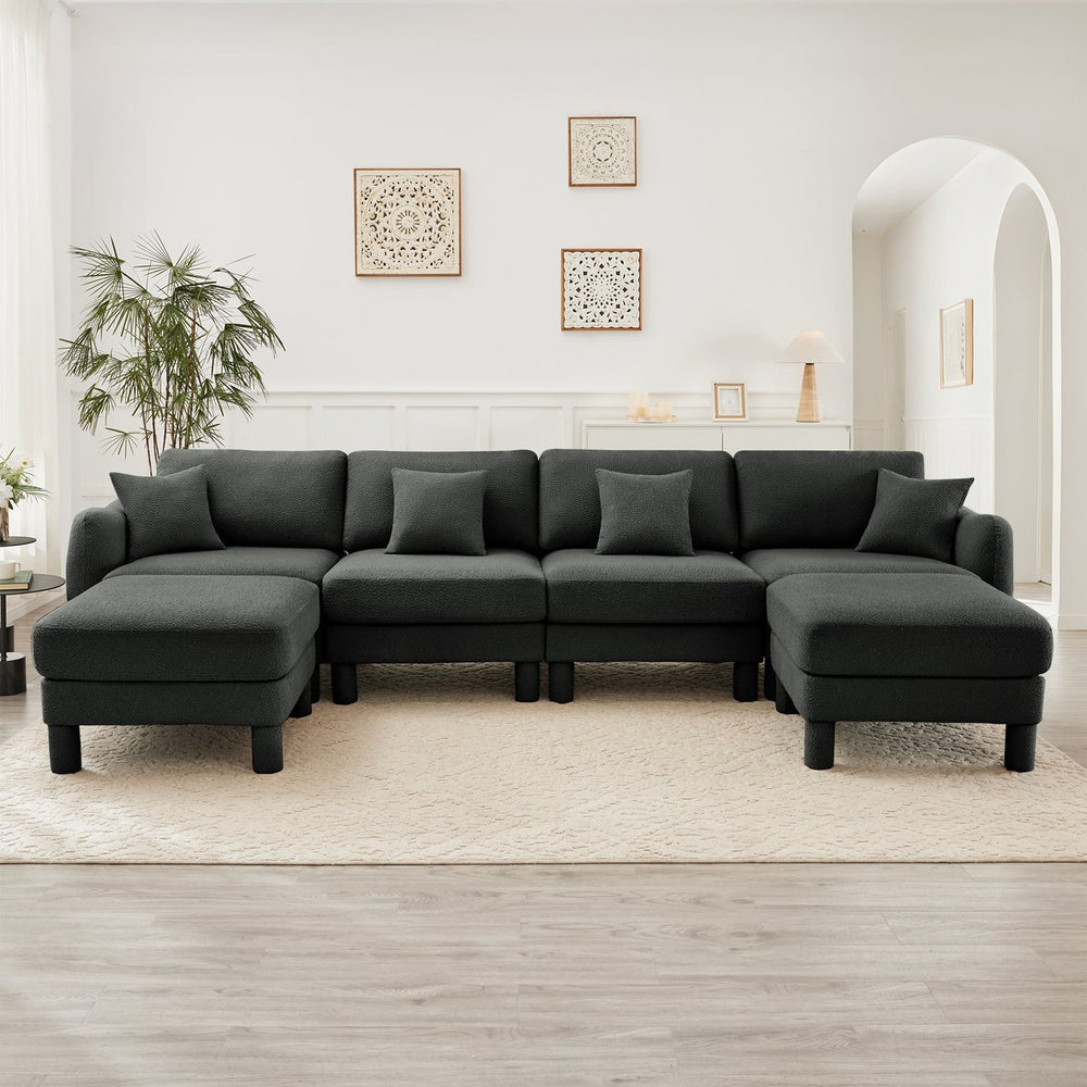 English Elm Boucle U-Shape 4-Seater Sectional Sofa With Shell Armrests & Movable Ottomans In Dark Grey Fabric W3041S00305