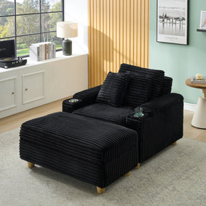 English Elm Black corduroy single sofa with ottoman storage, built-in armrest compartments, removable pillows, modern cozy design W1658S00135