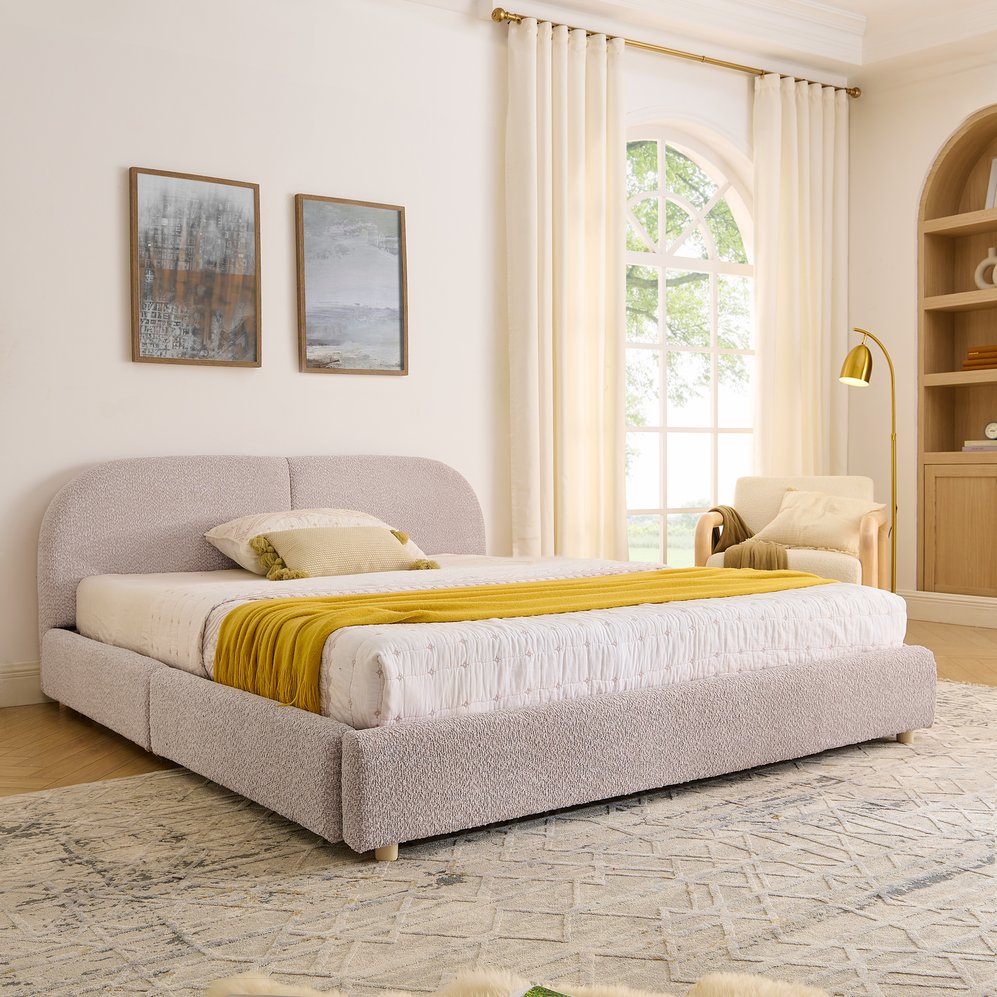 English Elm Queen Platform Bed Curved Headboard Circle Yarn Fabric with Four Wheeled Storage Drawers Pink W487S00480