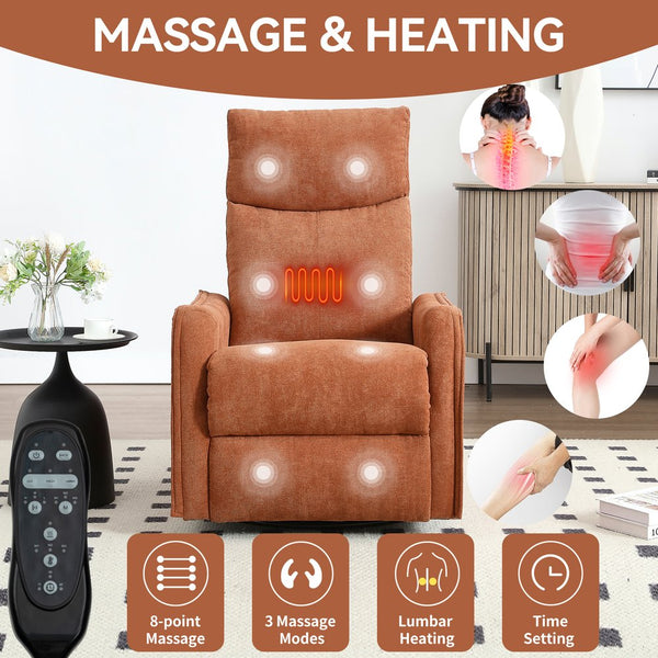 English Elm Heat Massage Rocker Recliner with Swivel Base and Vibrating Nodes for Living Room Orange W1803P251882