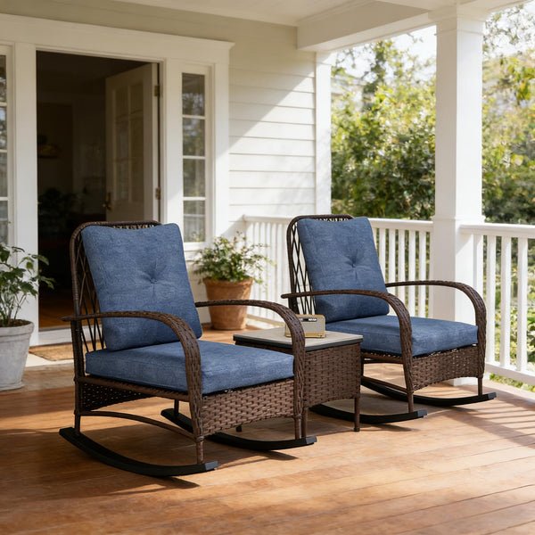 English Elm Balcony Wicker Rocking Chair Set Pe Rattan Bistro Seating with Tufted Cushions T3971P446005