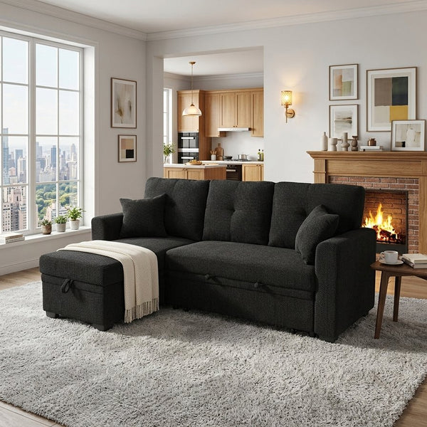 English Elm Sleeper Sectional with Pull Out Bed Reversible Chaise Storage Black Polyester Sofa W5568S00040