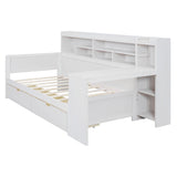 English Elm Wooden Twin Size Daybed With Storage Shelves, Multi-Functional Bed With Two Storage Drawers and Study Desk, Antique White