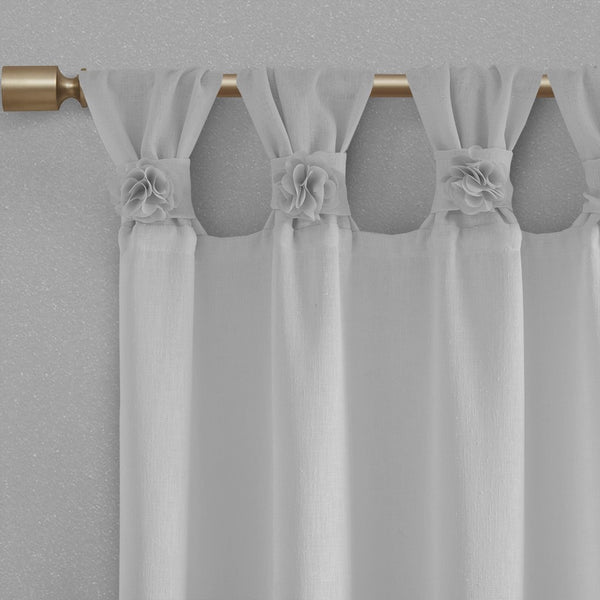 English Elm Floral Tab-Top Curtain Panel In Soft Grey - Semi-Sheer Faux Linen With Decorative Rosette Pins B03598200