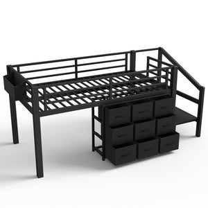 English Elm Twin Metal Low Loft Bed with Storage Stairs Fabric Drawers and Built-in Lights Black W5305S00045