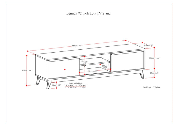 English Elm Lennon 72 inch Low TV Stand with Solid Wood Veneer, Mid-Century Modern, Cable Management, Durable Finish Walnut B136P261844