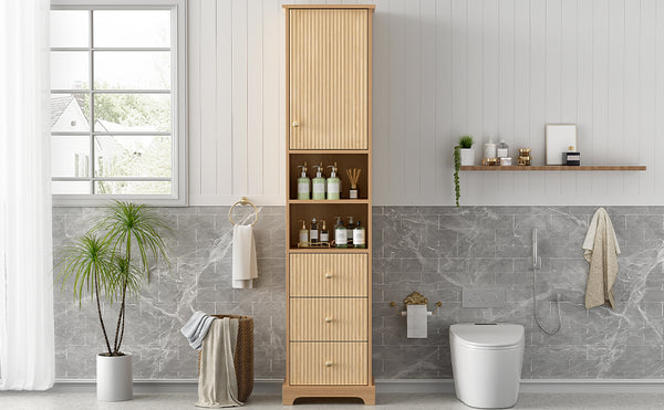 English Elm 67.7" Tall Freestanding Bathroom Cabinet with 3 Drawers, Open Shelves, Gold Handles, Anti-Tip Safety N729P335604O