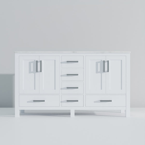 English Elm White Double Bath Vanity With Carrara Marble Top - 60" W X 22" D, Elegant Storage & Soft-Close Drawers B2731P258870-GIGA