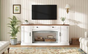 English Elm Elegant Walnut Media Console with Gray Brick Base Open Bay and Adjustable Shelving White N721P394506K