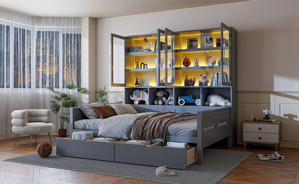 English Elm Full Size Wooden Daybed With Stylish Led Lighting, Glass Storage Cabinets & Versatile Shelves In Gray N820S00051E