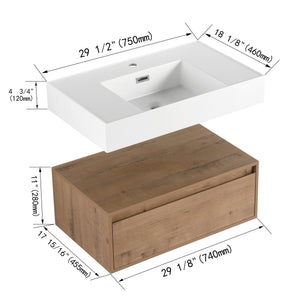 English Elm 30-Inch Wall-Mounted Bathroom Vanity With Resin Sink, Soft-Close Drawer, Modern Oak Finish Design W999S00256