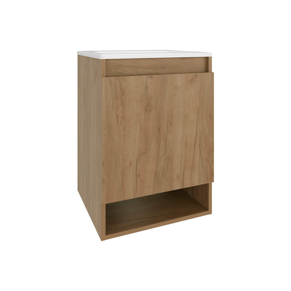 English Elm Wright Compact Wall-Mounted Bathroom Vanity with Integrated Sink, 2 Doors, Open Shelf, Oak Finish B128S00193