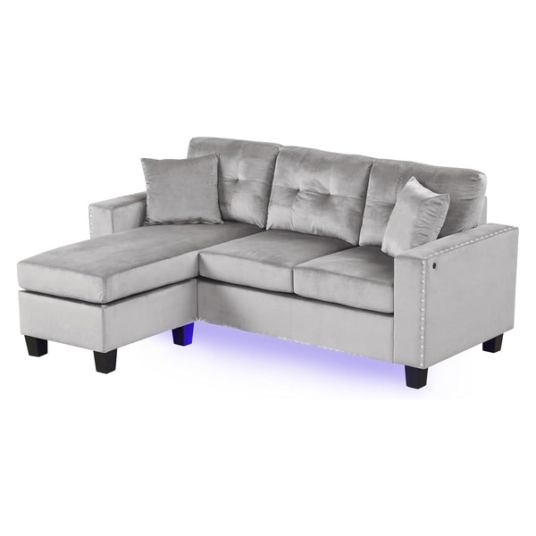 English Elm Velvet Reversible Sectional Sofa with LED Lights, Tufted Cushions, Nailhead Trim & Throw Pillows B016P406026