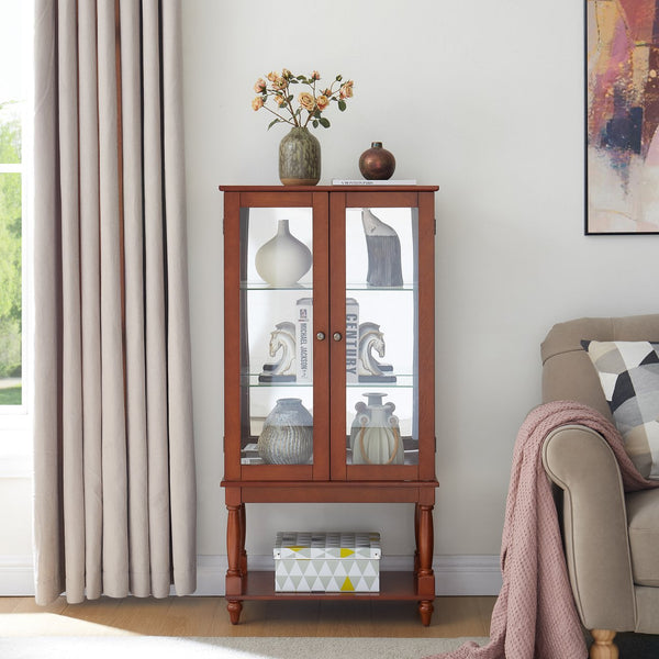 English Elm Curio Lighted Display Cabinet with Mirrored Back, Tempered Glass Doors, Solid Wood Legs, Compact Walnut W1693P216941
