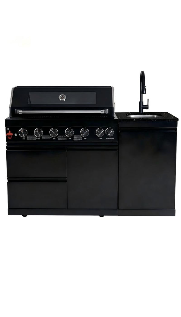 English Elm 63-inch Six-burner Outdoor Kitchen Island with Marble Countertops and Stainless Sink W5627S00008