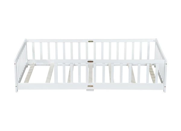 English Elm Twin Size Floor Bed With Safety Guardrails - Durable Rubberwood, Minimalist White Design For Kids W504P286396-GIGA