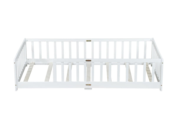 English Elm Twin Low Profile Rubberwood Floor Bed with Full Safety Fence for Toddler Rooms White W504P429335