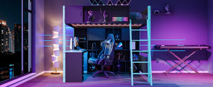English Elm Full Size Gaming Loft Bed with Led Lighting Desk Drawers and Display Shelving Blue LT000263AAC