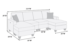 English Elm 3pc Chenille Sectional Sofa Set with Usb Charging Navy Modular Living Room Seating B011S02193