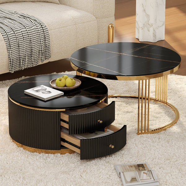 English Elm Modern Round Nesting Coffee Table Set with Gold Pedestal Legs and Storage Drawers Black N735P349323B
