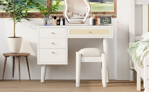 English Elm 39" Retro Bohemian Makeup Vanity Set with Rattan Drawers, USB Charging Port, Cushioned Stool, 4-Drawer Storage White 44.1 L x 18.75 W x 10.5 H N733P180011K