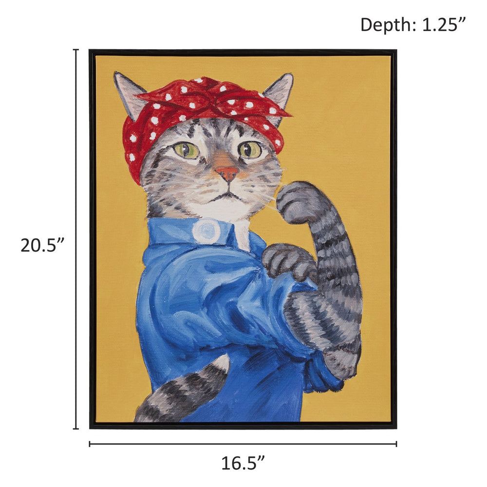 JLA Home Madison Park - Rosie Framed Canvas Wall Art by Carol Lew — Whimsical Denim-Clad Cat Portrait with Polka Dot Bandanna, Micro-Texture Embossing, Black Frame (16.5"x20.5") ID95C-0043