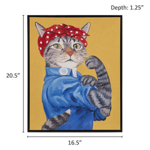 JLA Home Madison Park - Rosie Framed Canvas Wall Art by Carol Lew — Whimsical Denim-Clad Cat Portrait with Polka Dot Bandanna, Micro-Texture Embossing, Black Frame (16.5"x20.5") ID95C-0043
