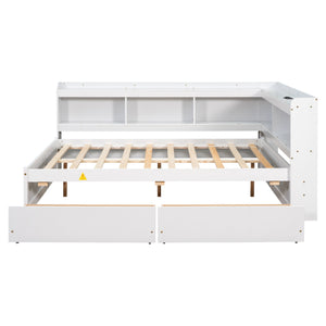 English Elm Full Platform Bed with L-shaped Bookcase Built-in Power Outlets and Storage Drawers White W504S00340