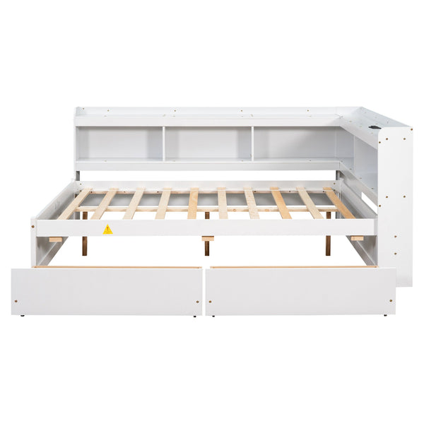 English Elm Full Platform Bed with L-shaped Bookcase Built-in Power Outlets and Storage Drawers White W504S00340