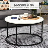 English Elm Homcom Round Coffee Table, 32 In Modern Center Table With Black Metal Frame, Coffee Tables For Living Room, White