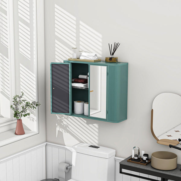 English Elm Army Green Bathroom Storage Cabinet With Mirror, 2 Doors & Open Shelf For Stylish Organization W3122P272875