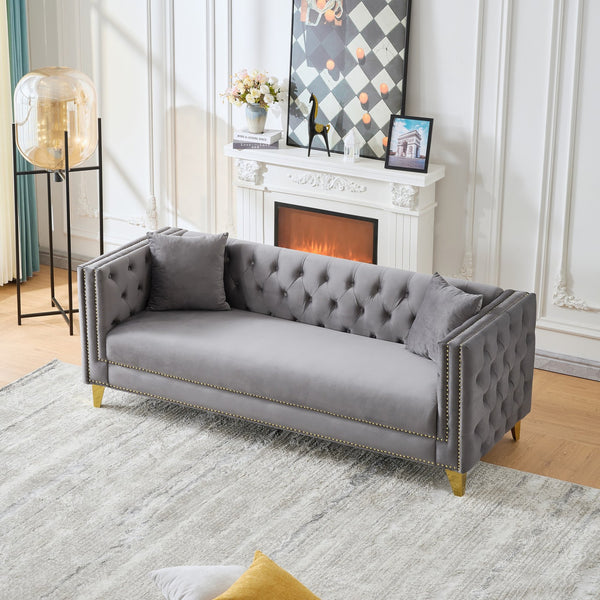 English Elm 80"Chesterfield Velvet Sofa with Tufted Buttons & Nailhead Trim, Deep-Seated 3-Seater, Solid Wood Frame Grey W3373S00027