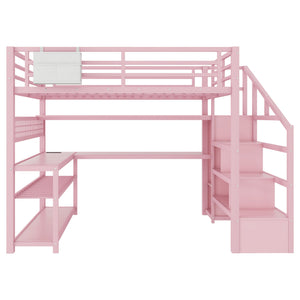 English Elm Full Size Steel Loft Bed with Staircase Storage Wardrobe Desk and Led Lighting Pink W2593S00077