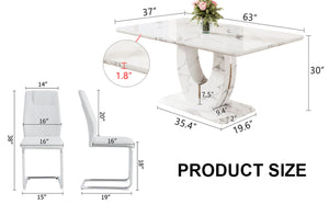 English Elm Table And Chair Set - Modern Marble Pattern Mdf Dining Set With 6 White Pu Chairs For Elegance W1151S02182-GIGA