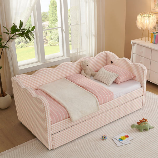 English Elm Cozy Twin Gingham Daybed with Trundle Sofa Bed, Linen Upholstery, USB Port, Wave Frame Design Pink W1413S00099