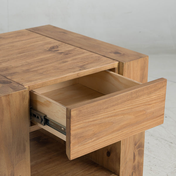English Elm Harlan Oak Finish End Table with Wheels, 2 Drawers & Open Shelf, Durable Synthetic Wood Accent Table B2726P251669