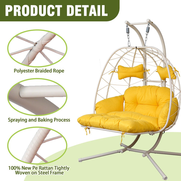 English Elm 2 Person Wicker Hanging Egg Chair with Stand Padded Swing for Patio Garden T5880P500210