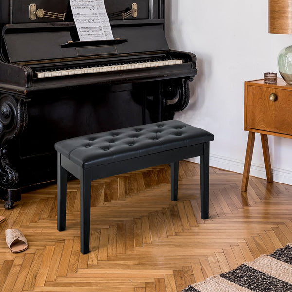 English Elm Piano Bench Duet Seat with Tufted Faux Leather Top and Glossy Wood Frame T3971P383712