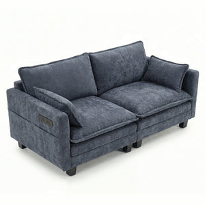 English Elm Modern Chenille Three Seat Sofa with Ottoman Usb Charging Ports and Storage Pockets Blue W2519S00004
