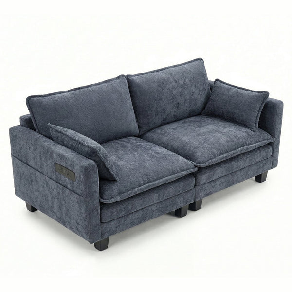 English Elm Modern Chenille Three Seat Sofa with Ottoman Usb Charging Ports and Storage Pockets Blue W2519S00004
